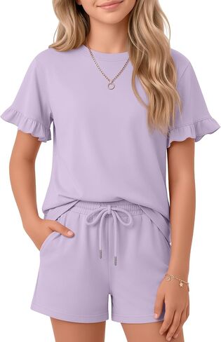 Girls 2 Piece Summer Outfits 5-14 Years Ruffle Sleeve Top and Shorts Sets Tween Matching Sets for School Holiday in Saudi Arabia