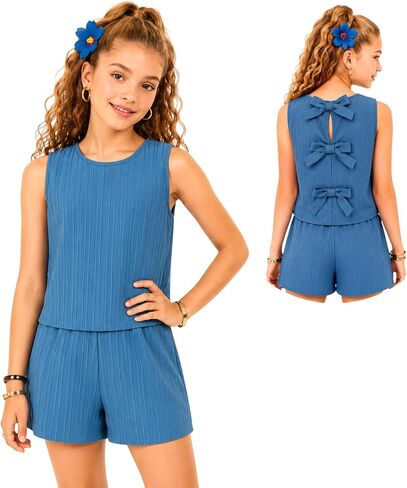 Azmxynol Tween Girls Casual Textured Fabric Bow Back Camisole Top And Shorts Set, Size 7-13 Years in Kuwait