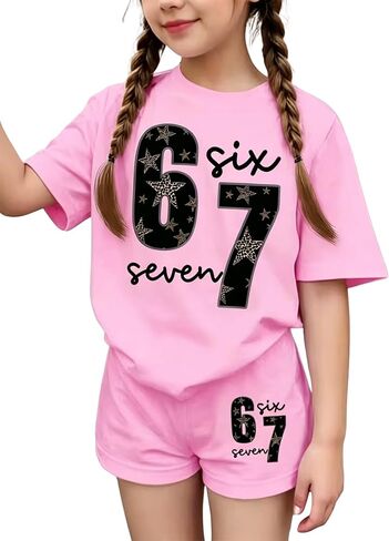 Girls 2 Piece Outfits, 67 Leopard Star Print Short Sleeve T-Shirt and Shorts Set, Summer Clothes for Girls 7-14Y in Saudi Arabia