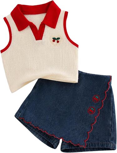 Cakaner Little Girls Clothes Sleeveless Polo Top & Denim Skort 2 Piece Summer Back to School Outfit Size 5-10 in Saudi Arabia
