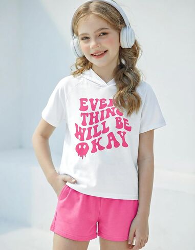 Girls 2 Piece Summer Shorts Set Hooded Shirt and Waisted Shorts with 2 Pockets Size 6-14Y in Kuwait