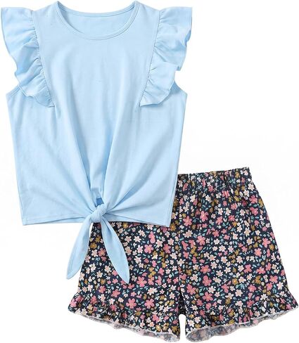 Girls Summer Outfits Flutter Sleeve Twist Front Tops and Cute Shorts 2 Piece Shorts Set in Saudi Arabia