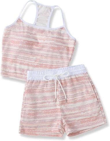 Size 7-14Y Girls Clothes 2 Piece Stripes Tie-Dye Tank Top & Shorts Teen Girls Summer Outfits Sets in Saudi Arabia