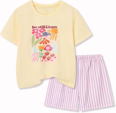 Teen Girls Clothes 2 Piece Graphic T Shirt & Striped Shorts Outfit Set Summer Back to School Clothes Size 7-14 in Kuwait