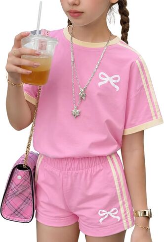 KIDLAGA Girls Shorts Sets 2 Pieces Outfits Bow/Cherry T-Shirt & Plaid Shorts Girls Summer Short Set 6-14Y in Saudi Arabia