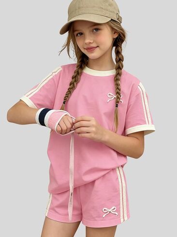 KIDLAGA Girls Shorts Sets 2 Pieces Outfits Bow/Cherry T-Shirt & Plaid Shorts Girls Summer Short Set 6-14Y in Saudi Arabia