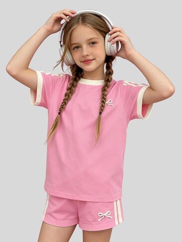KIDLAGA Girls Shorts Sets 2 Pieces Outfits Bow/Cherry T-Shirt & Plaid Shorts Girls Summer Short Set 6-14Y in Saudi Arabia