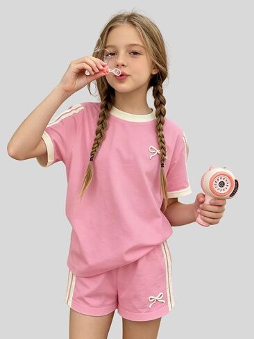KIDLAGA Girls Shorts Sets 2 Pieces Outfits Bow/Cherry T-Shirt & Plaid Shorts Girls Summer Short Set 6-14Y in Saudi Arabia