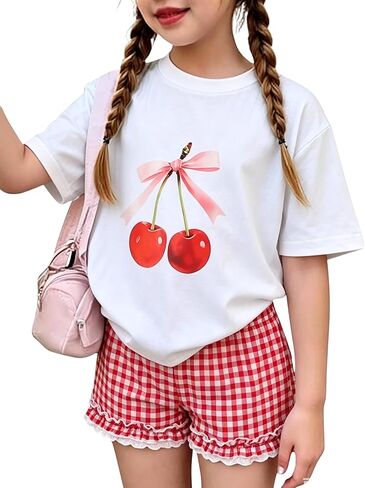 KIDLAGA Girls Shorts Sets 2 Pieces Outfits Bow/Cherry T-Shirt & Plaid Shorts Girls Summer Short Set 6-14Y in Saudi Arabia