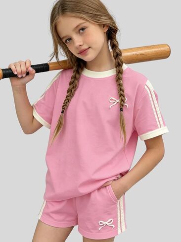 KIDLAGA Girls Shorts Sets 2 Pieces Outfits Bow/Cherry T-Shirt & Plaid Shorts Girls Summer Short Set 6-14Y in Saudi Arabia