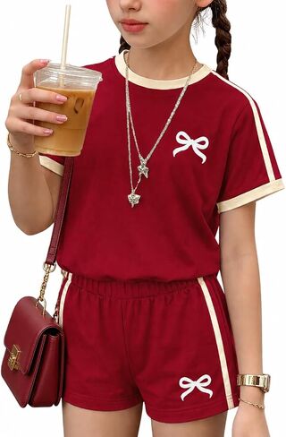 KIDLAGA Girls Shorts Sets 2 Pieces Outfits Bow/Cherry T-Shirt & Plaid Shorts Girls Summer Short Set 6-14Y in Saudi Arabia