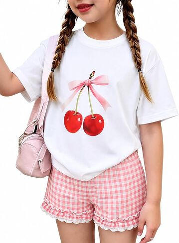KIDLAGA Girls Shorts Sets 2 Pieces Outfits Bow/Cherry T-Shirt & Plaid Shorts Girls Summer Short Set 6-14Y in Saudi Arabia