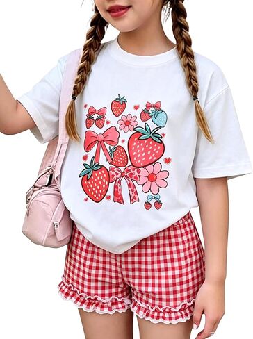KIDLAGA Girls Shorts Sets 2 Pieces Outfits Bow/Cherry T-Shirt & Plaid Shorts Girls Summer Short Set 6-14Y in Saudi Arabia