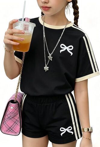 KIDLAGA Girls Shorts Sets 2 Pieces Outfits Bow/Cherry T-Shirt & Plaid Shorts Girls Summer Short Set 6-14Y in Saudi Arabia