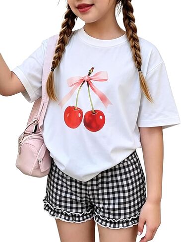 KIDLAGA Girls Shorts Sets 2 Pieces Outfits Bow/Cherry T-Shirt & Plaid Shorts Girls Summer Short Set 6-14Y in Saudi Arabia