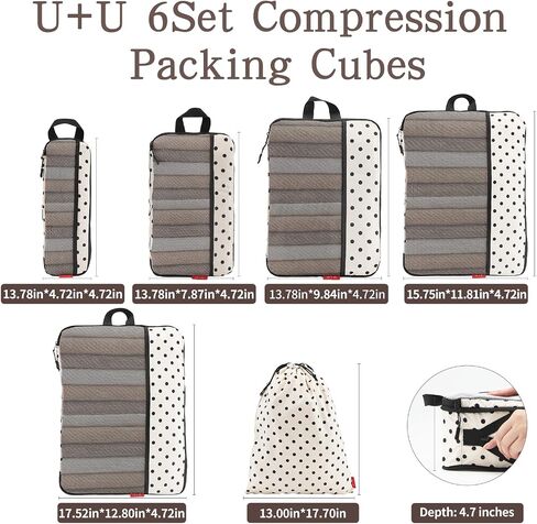 U+U 6 Set Compression Packing Cubes - Ultralight Travel Organizers with Laundry Bag, Space-Saving Suitcase Organizer, Expandable Packing Cubes for Travel, Business Trip and Family Vacation (Polka Dot) in Saudi Arabia