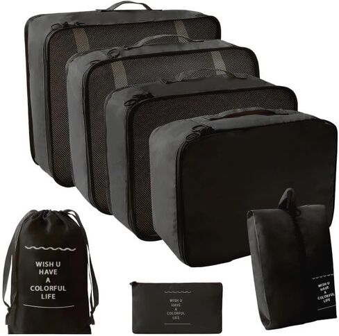 7 PCS Set Travel Packing Cubes, Lightweight Luggage Organizers With Mesh Panel For Carry-On And Efficient Packing (Black) in Kuwait