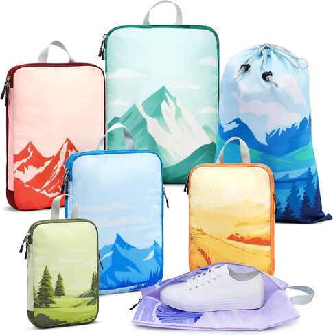 7-Piece Compression Packing Cubes for Travel, Patterned Expandable Luggage Organizer Bags with Double Zipper & Mesh Panel, Shoe Bag & Drawstring Bag for Carry-On, Vacation, Camping in Kuwait