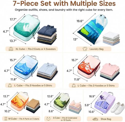 7-Piece Compression Packing Cubes for Travel, Patterned Expandable Luggage Organizer Bags with Double Zipper & Mesh Panel, Shoe Bag & Drawstring Bag for Carry-On, Vacation, Camping in Kuwait