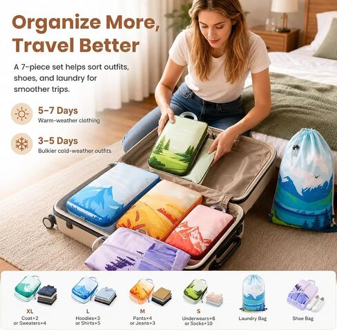 7-Piece Compression Packing Cubes for Travel, Patterned Expandable Luggage Organizer Bags with Double Zipper & Mesh Panel, Shoe Bag & Drawstring Bag for Carry-On, Vacation, Camping in Kuwait
