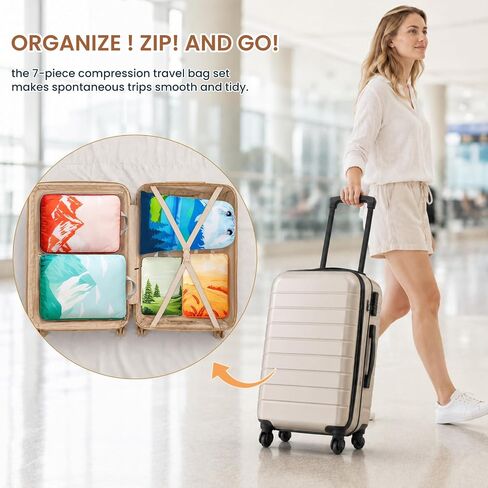 7-Piece Compression Packing Cubes for Travel, Patterned Expandable Luggage Organizer Bags with Double Zipper & Mesh Panel, Shoe Bag & Drawstring Bag for Carry-On, Vacation, Camping in Kuwait