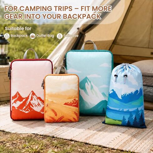 7-Piece Compression Packing Cubes for Travel, Patterned Expandable Luggage Organizer Bags with Double Zipper & Mesh Panel, Shoe Bag & Drawstring Bag for Carry-On, Vacation, Camping in Kuwait