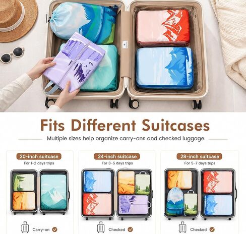 7-Piece Compression Packing Cubes for Travel, Patterned Expandable Luggage Organizer Bags with Double Zipper & Mesh Panel, Shoe Bag & Drawstring Bag for Carry-On, Vacation, Camping in Kuwait
