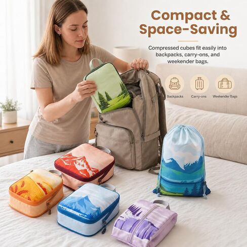 7-Piece Compression Packing Cubes for Travel, Patterned Expandable Luggage Organizer Bags with Double Zipper & Mesh Panel, Shoe Bag & Drawstring Bag for Carry-On, Vacation, Camping in Kuwait