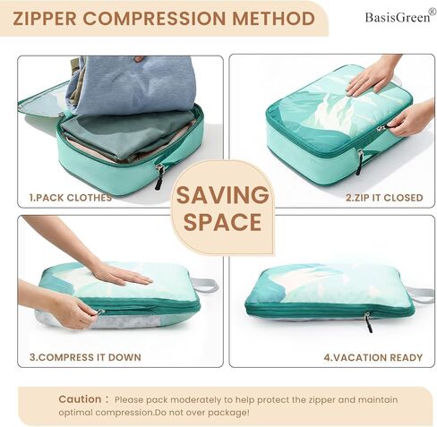 7-Piece Compression Packing Cubes for Travel, Patterned Expandable Luggage Organizer Bags with Double Zipper & Mesh Panel, Shoe Bag & Drawstring Bag for Carry-On, Vacation, Camping in Kuwait