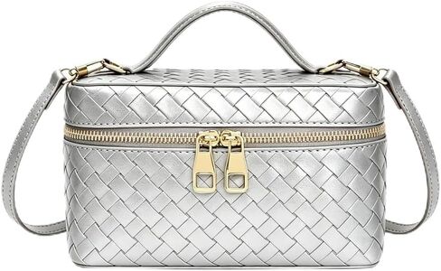 Women's Square Box Crossbody Purse Mini Woven L19 Satchel Bag Trendy PU Leather Shoulder Handbag with Adjustable Strap in Kuwait