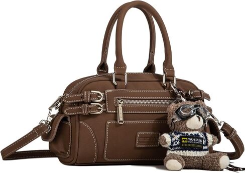 Women's Retro Motorcycle Boston Bag Shoulder Handbag with Multi-Pocket Organizer, Large Capacity Tote Purse with Bear Charm in Saudi Arabia