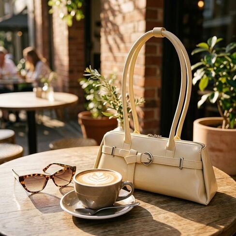 SUMELL Sleek Baguette Shoulder Bag - Beige Vegan Leather Handbag with Double Long Handles in Saudi Arabia