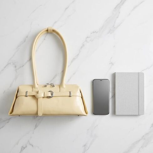 SUMELL Sleek Baguette Shoulder Bag - Beige Vegan Leather Handbag with Double Long Handles in Saudi Arabia