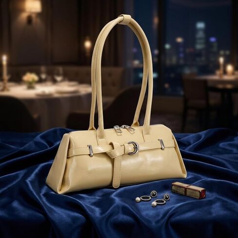 SUMELL Sleek Baguette Shoulder Bag - Beige Vegan Leather Handbag with Double Long Handles in Saudi Arabia