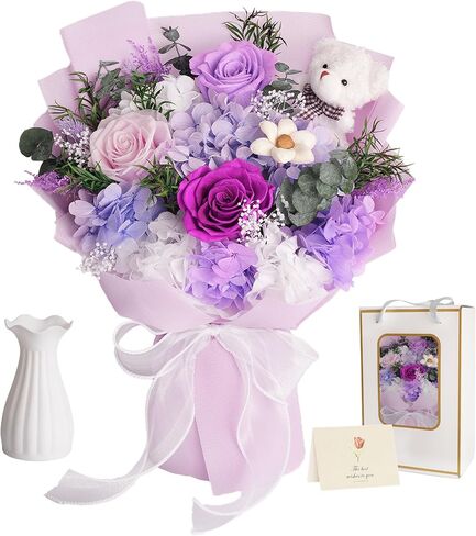 Preserved Flowers Bouquet, Flowers for Delivery with Bear, Real Touch Natural Dried Flowers That Last 1-3 Years, Birthday Gifts for Mom, Grandma, Wife, Girlfriend in Saudi Arabia