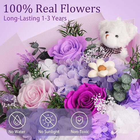 Preserved Flowers Bouquet, Flowers for Delivery with Bear, Real Touch Natural Dried Flowers That Last 1-3 Years, Birthday Gifts for Mom, Grandma, Wife, Girlfriend in Saudi Arabia
