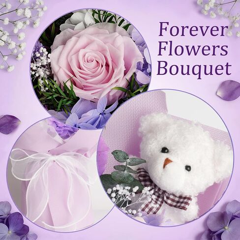 Preserved Flowers Bouquet, Flowers for Delivery with Bear, Real Touch Natural Dried Flowers That Last 1-3 Years, Birthday Gifts for Mom, Grandma, Wife, Girlfriend in Saudi Arabia