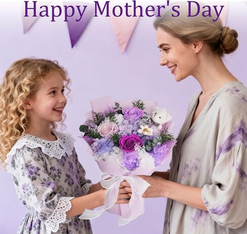 Preserved Flowers Bouquet, Flowers for Delivery with Bear, Real Touch Natural Dried Flowers That Last 1-3 Years, Birthday Gifts for Mom, Grandma, Wife, Girlfriend in Saudi Arabia