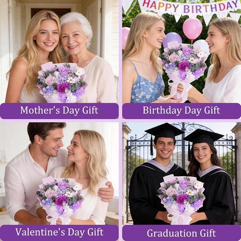 Preserved Flowers Bouquet, Flowers for Delivery with Bear, Real Touch Natural Dried Flowers That Last 1-3 Years, Birthday Gifts for Mom, Grandma, Wife, Girlfriend in Saudi Arabia