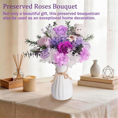 Preserved Flowers Bouquet, Flowers for Delivery with Bear, Real Touch Natural Dried Flowers That Last 1-3 Years, Birthday Gifts for Mom, Grandma, Wife, Girlfriend in Saudi Arabia
