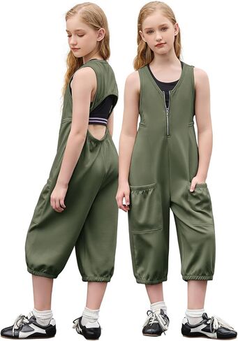 Jxstar Sleeveless Capri Jumpsuits for Girls Casual Backless Zipper Loose Romper with Pockets in Kuwait