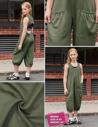 Jxstar Sleeveless Capri Jumpsuits for Girls Casual Backless Zipper Loose Romper with Pockets in Kuwait