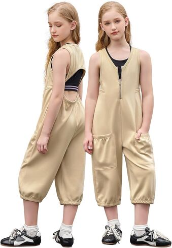 Jxstar Sleeveless Capri Jumpsuits for Girls Casual Backless Zipper Loose Romper with Pockets in Kuwait