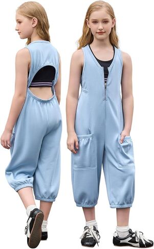Jxstar Sleeveless Capri Jumpsuits for Girls Casual Backless Zipper Loose Romper with Pockets in Kuwait