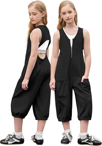 Jxstar Sleeveless Capri Jumpsuits for Girls Casual Backless Zipper Loose Romper with Pockets in Kuwait