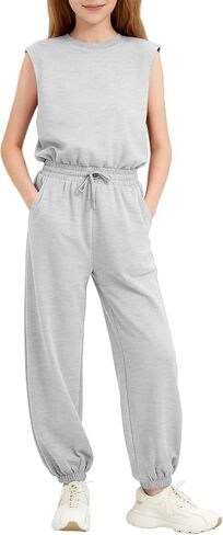 Girls Jumpsuit Crew Neck Sleeveless Romper Elastic Waist with Pockets kids One Piece Outfits 5-14 Years in Saudi Arabia