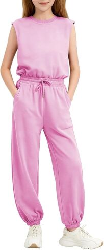 Girls Jumpsuit Crew Neck Sleeveless Romper Elastic Waist with Pockets kids One Piece Outfits 5-14 Years in Saudi Arabia