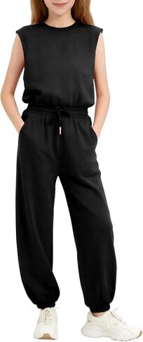Girls Jumpsuit Crew Neck Sleeveless Romper Elastic Waist with Pockets kids One Piece Outfits 5-14 Years in Saudi Arabia