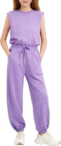 Girls Jumpsuit Crew Neck Sleeveless Romper Elastic Waist with Pockets kids One Piece Outfits 5-14 Years in Saudi Arabia