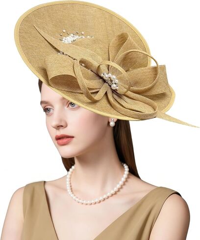 قبعات Dressfan Vintage Fascinator للنساء، قطع لؤلؤ الكتان لحفلات الزفاف في كنيسة ديربي in Kuwait